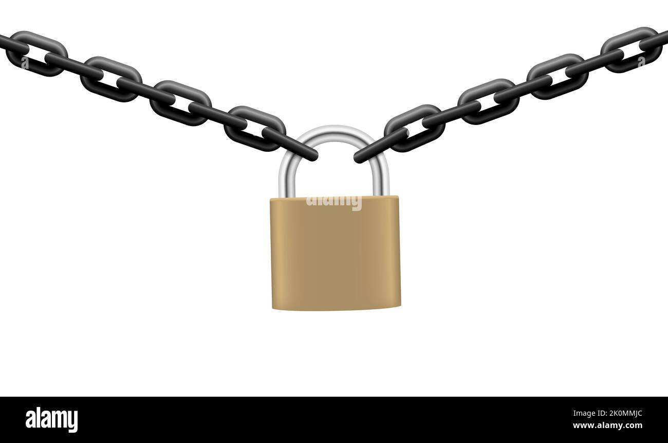 Padlock holding two links of a strong chain together, brass colored security device, black iron chain - illustration on white background. Stock Photo