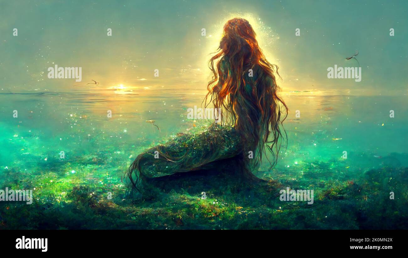 An illustration of mermaid with beautiful long hair is sitting on a rock in the sea Stock Photo