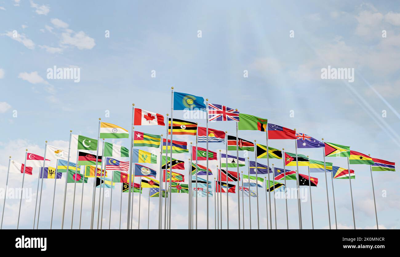 The flag of the Commonwealth of Nations with the flags of the organization's countries along with the flag of Britain Stock Photo