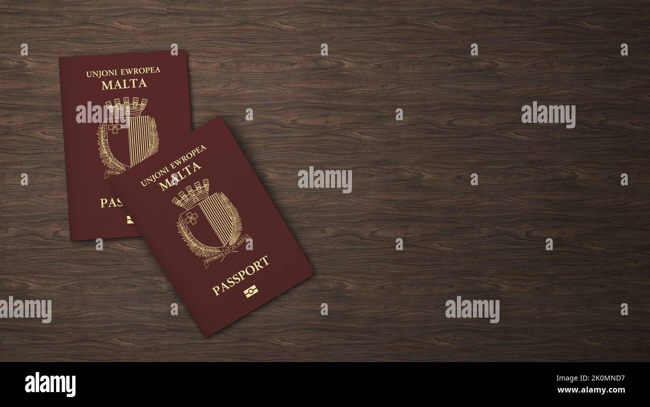 Malta Passport on Wooden Board, Citizenship by Investment Stock Photo