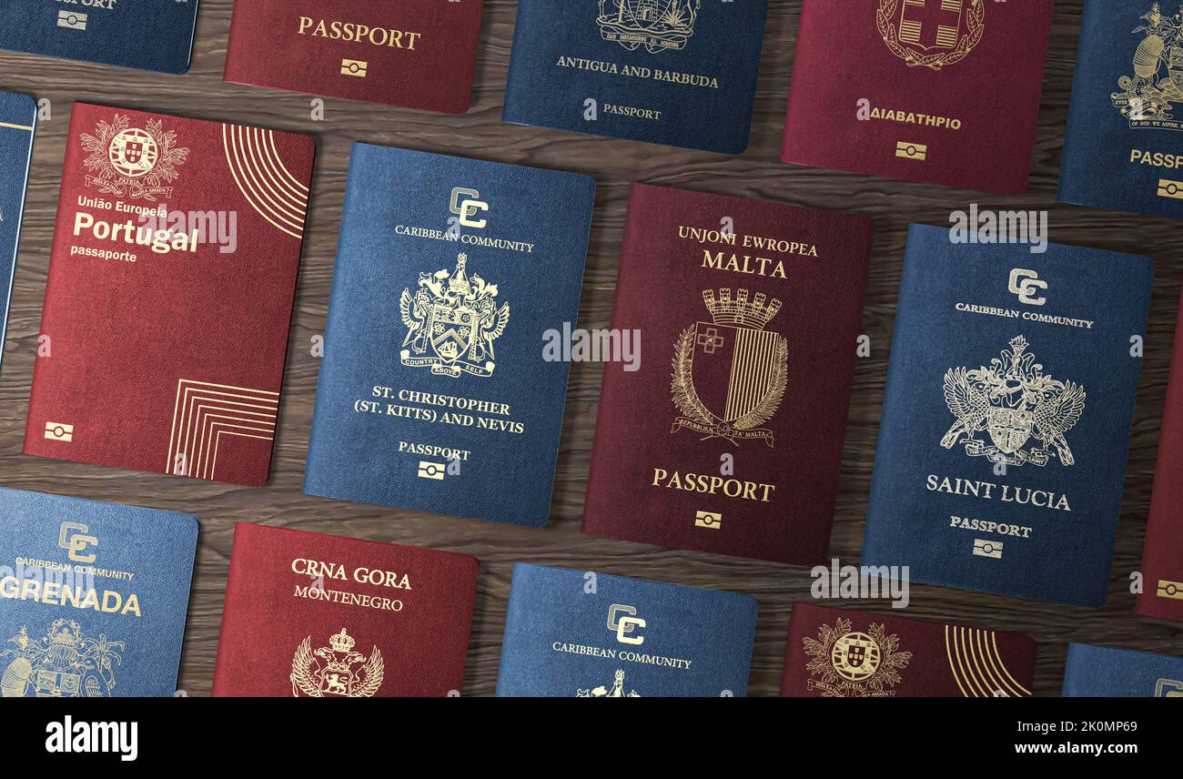Top View, International Passports, citizenship by Investment, Nationality, Malta, saint Kitts and Nevis, Portugal, antigua and barbuda, greece, Monten Stock Photo