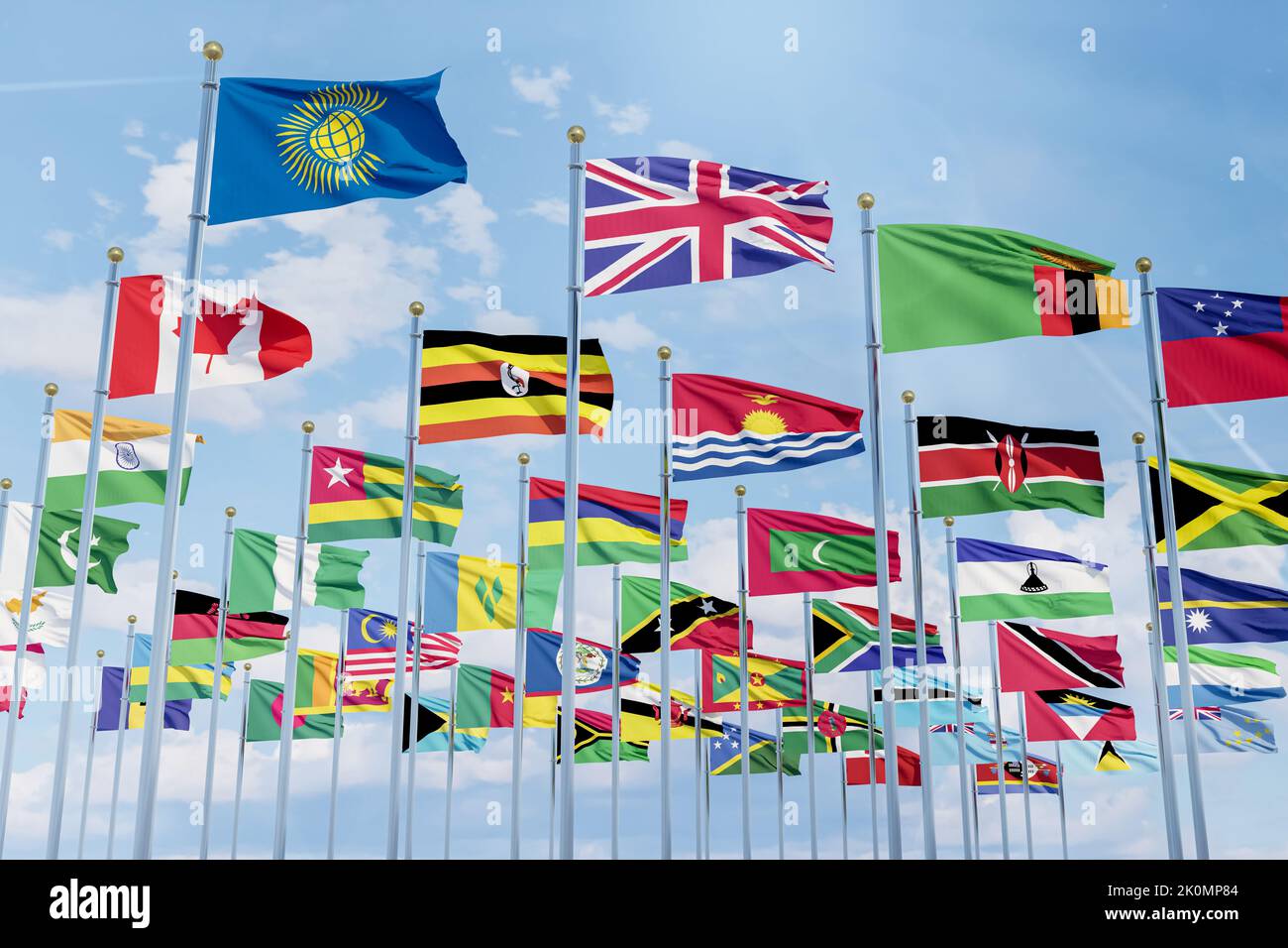 The flag of the Commonwealth of Nations with the flags of the organization's countries along with the flag of Britain ,Close-up Stock Photo