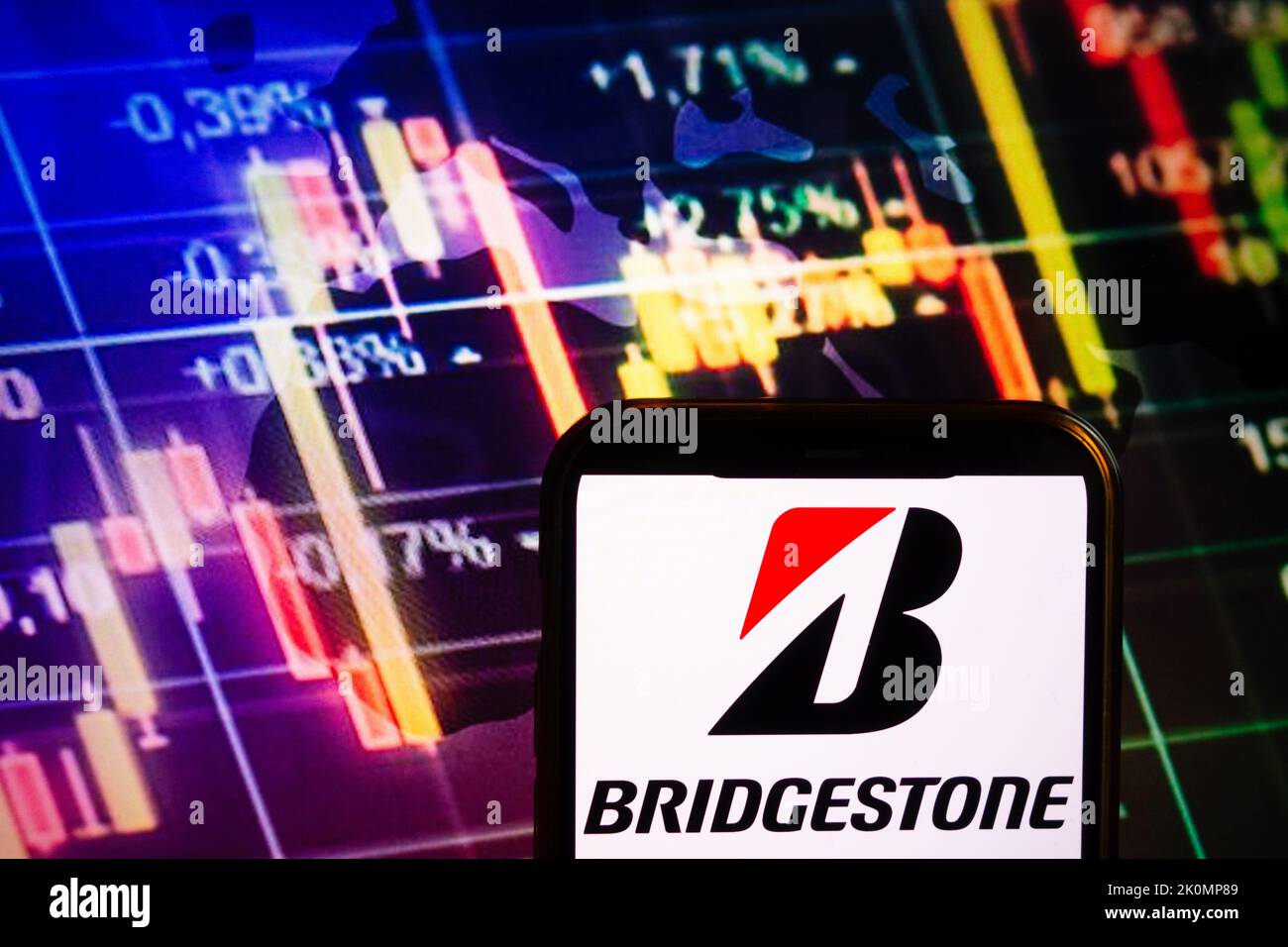 KONSKIE, POLAND - September 10, 2022: Smartphone displaying logo of Bridgestone company on stock exchange diagram background Stock Photo