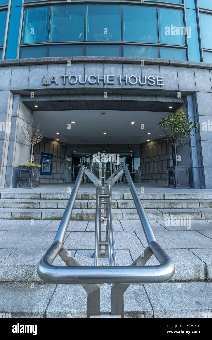 A vertical shot of an entrance to LA Touche House with a focus on the metal railings, Dublin, Ireland. Stock Photo