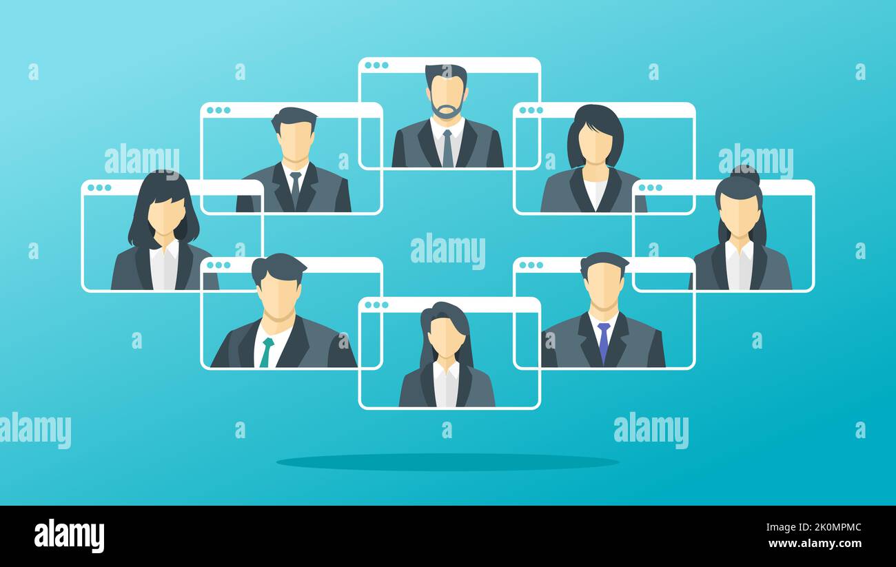 Company Business Online Meetings. Young Man and Woman Wear Suit Video Conference Teleconference Display Screen via Virtual App or Web Stock Vector