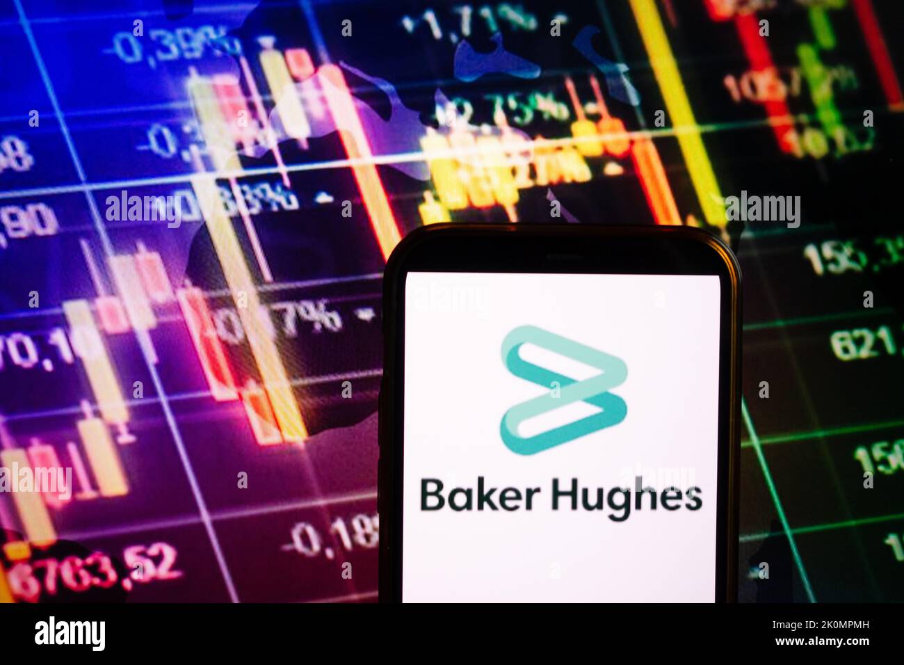 KONSKIE, POLAND - September 10, 2022: Smartphone displaying logo of Baker Hughes company on stock exchange diagram background Stock Photo