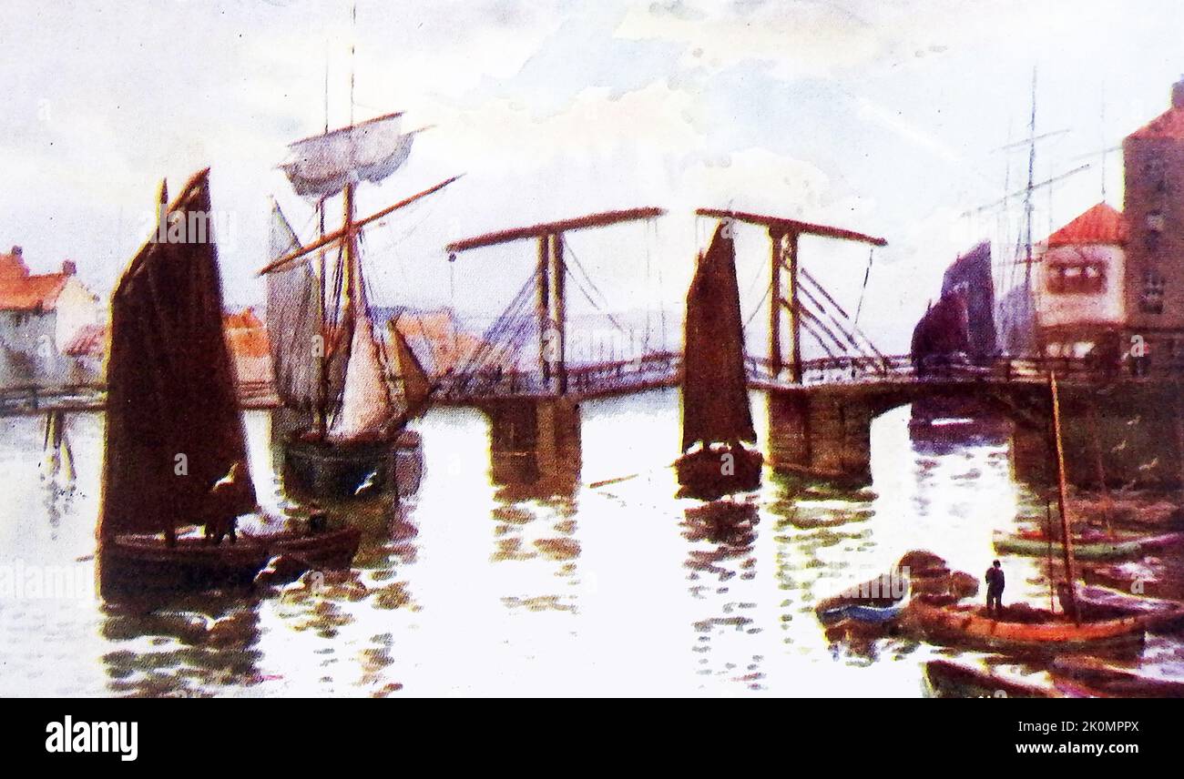 An old  painting of Whitby, North Yorkshire looking inland, showing the old hand operated wooden drawbridge that men could raise & lower to allow vessels out to sea or into the harbour. It was preceded by a small stone packhorse bridge which once crossed the then shallower harbour, leading to the abbey. It had an associated bridge chapel (west side). Part of the old pack horse bridge was uncovered circa 1980's when work was  undertaken (under the road at the bottom of  Golden Lion Bank . It was back-filled). Stock Photo