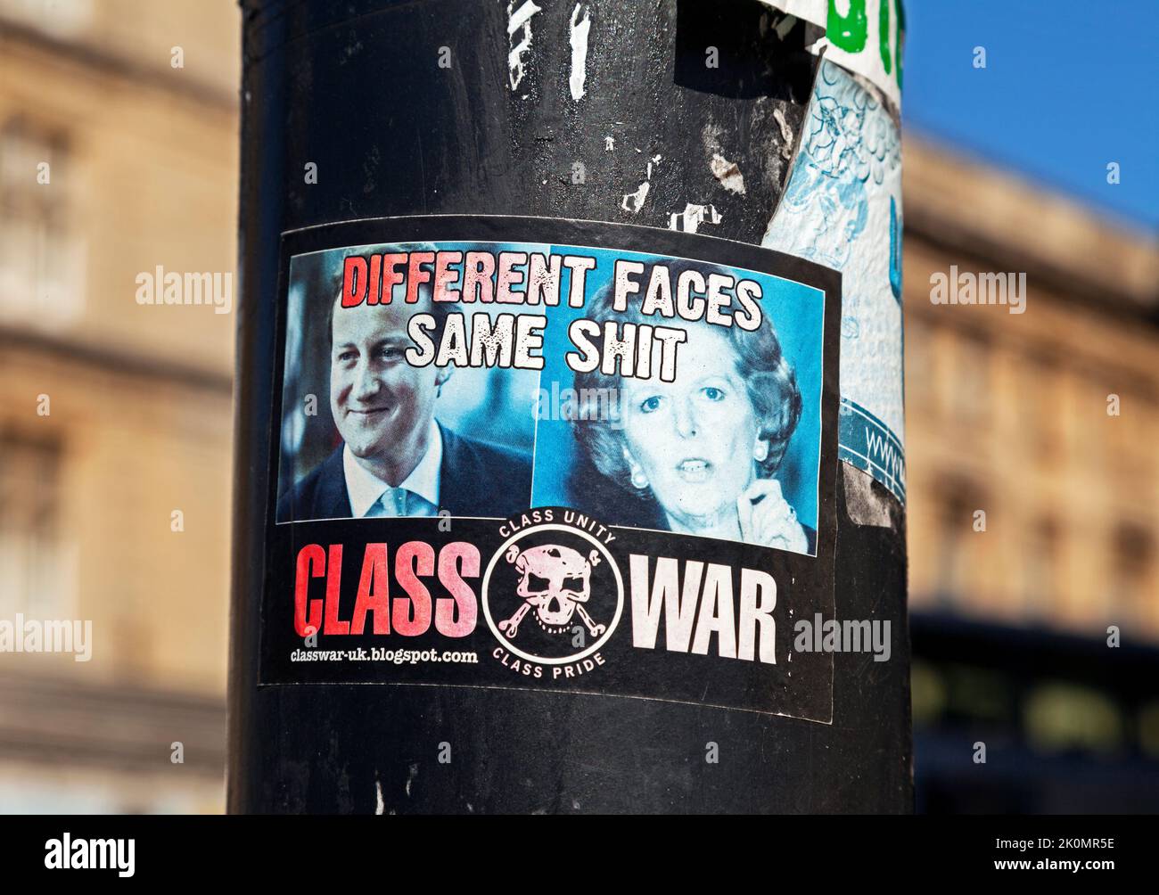 Bristol, UK, 15 April 2015. A sticker issued by Class War showing photographs of David Cameron and Margaret Thatcher and the slogan “DIFFERENT FACES SAME SHIT” Stock Photo