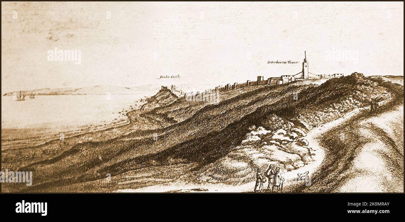 An old engraving showing A view of the  north side of Tangier, Morocco on the road from the English settlement of Whitby, & garrison, lived in by British workers building a defensive mole. In the distance are Yorke castle &  Peterborow tower (named after York & Peterborough in the UK). The mole cost £340,000 and reached 1,436 ft (438 m) long before its destruction. Funding proved a problem and soldiers in the garrison  had to wait  over two years to be paid, leading to a mutiny which was quickly brought to an end by  Governor Fairborne who personally shot one of the mutineers dead on the spot. Stock Photo