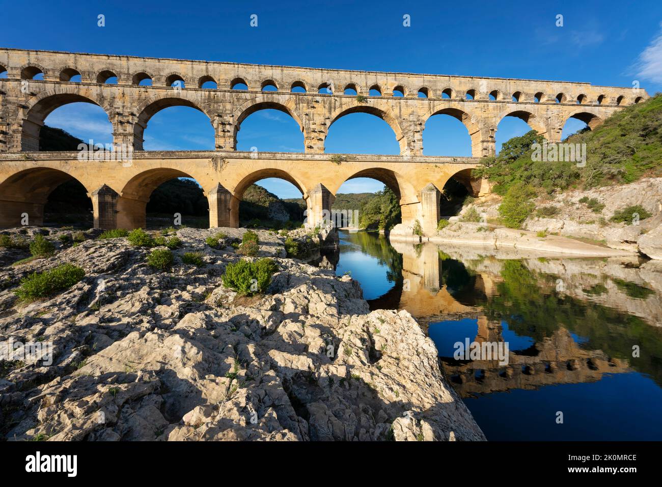 View of famous Pont du Gard, old roman aqueduct in France, Europe Stock Photo
