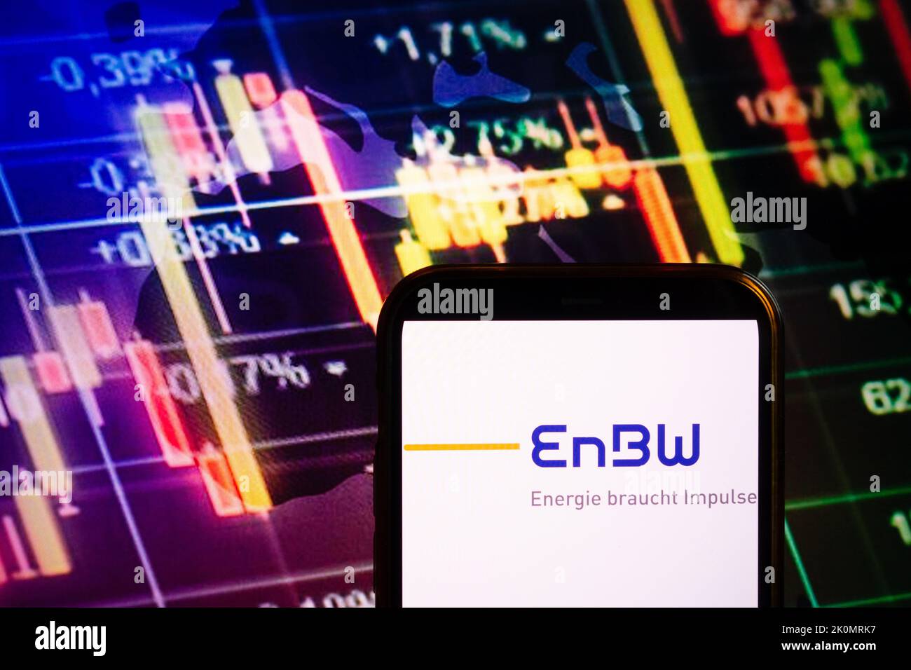 KONSKIE, POLAND - September 10, 2022: Smartphone displaying logo of EnBW Energie company on stock exchange diagram background Stock Photo