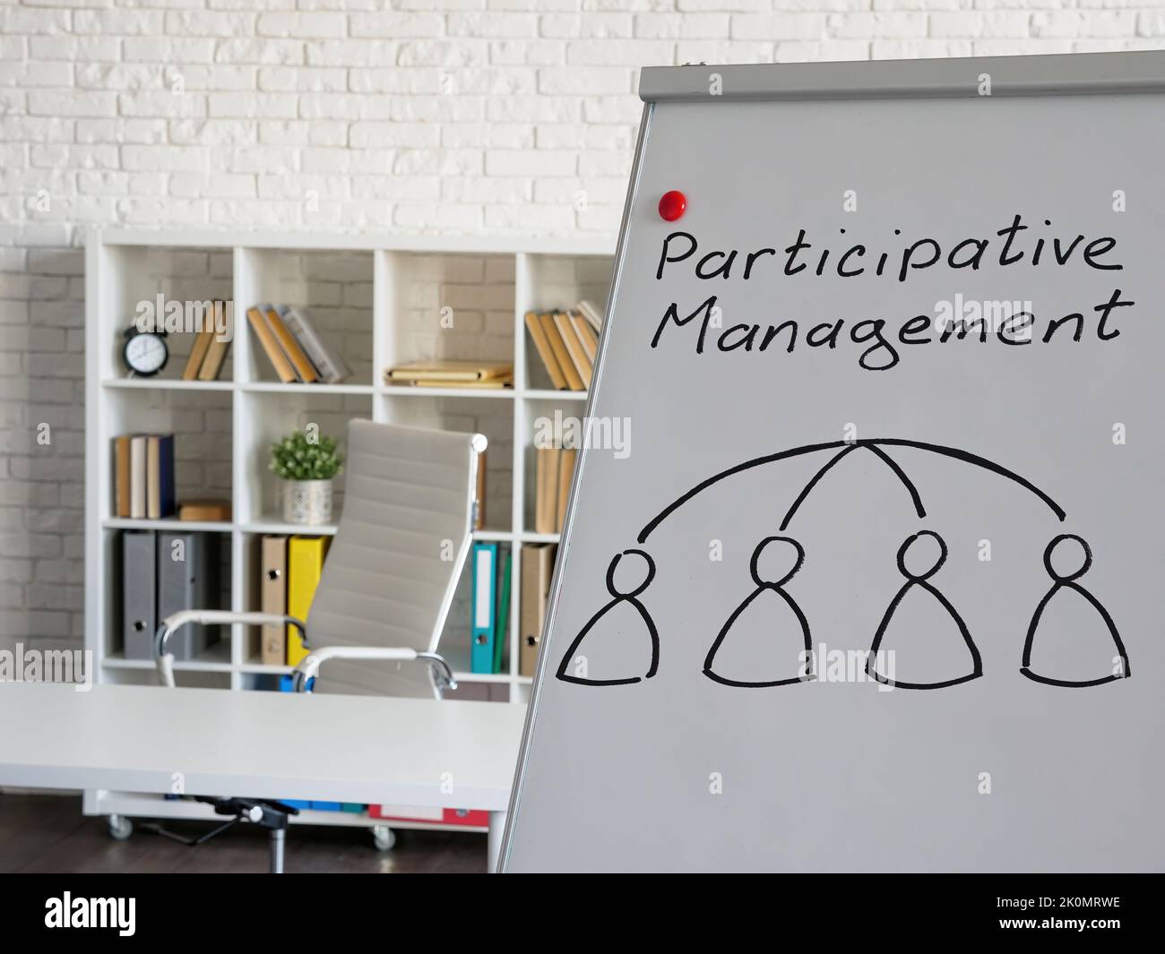 Whiteboard with sign participate management and scheme. Stock Photo