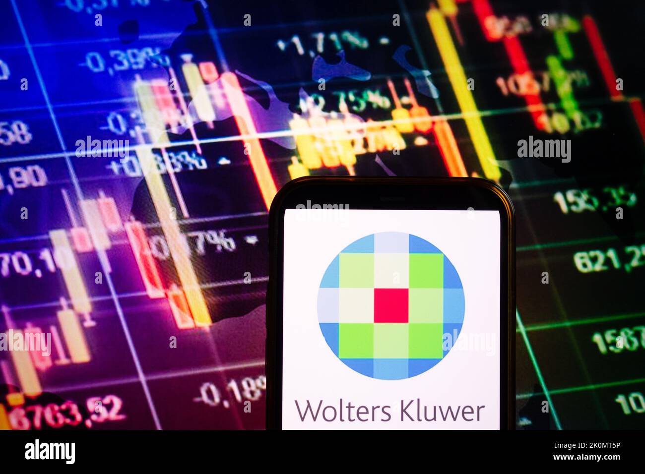 KONSKIE, POLAND - September 10, 2022: Smartphone displaying logo of Wolters Kluwer company on stock exchange diagram background Stock Photo