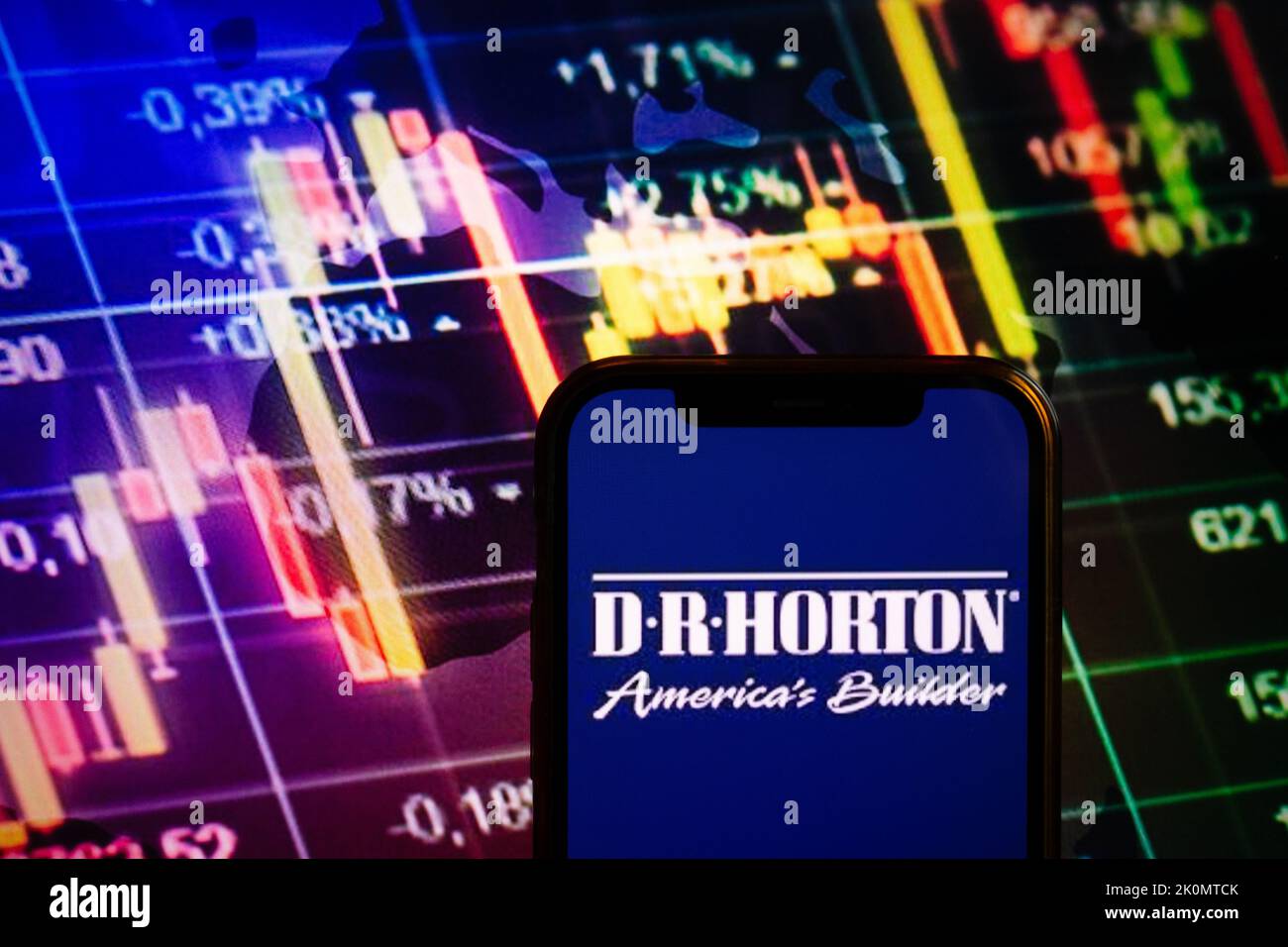KONSKIE, POLAND - September 10, 2022: Smartphone displaying logo of D.R. Horton company on stock exchange diagram background Stock Photo