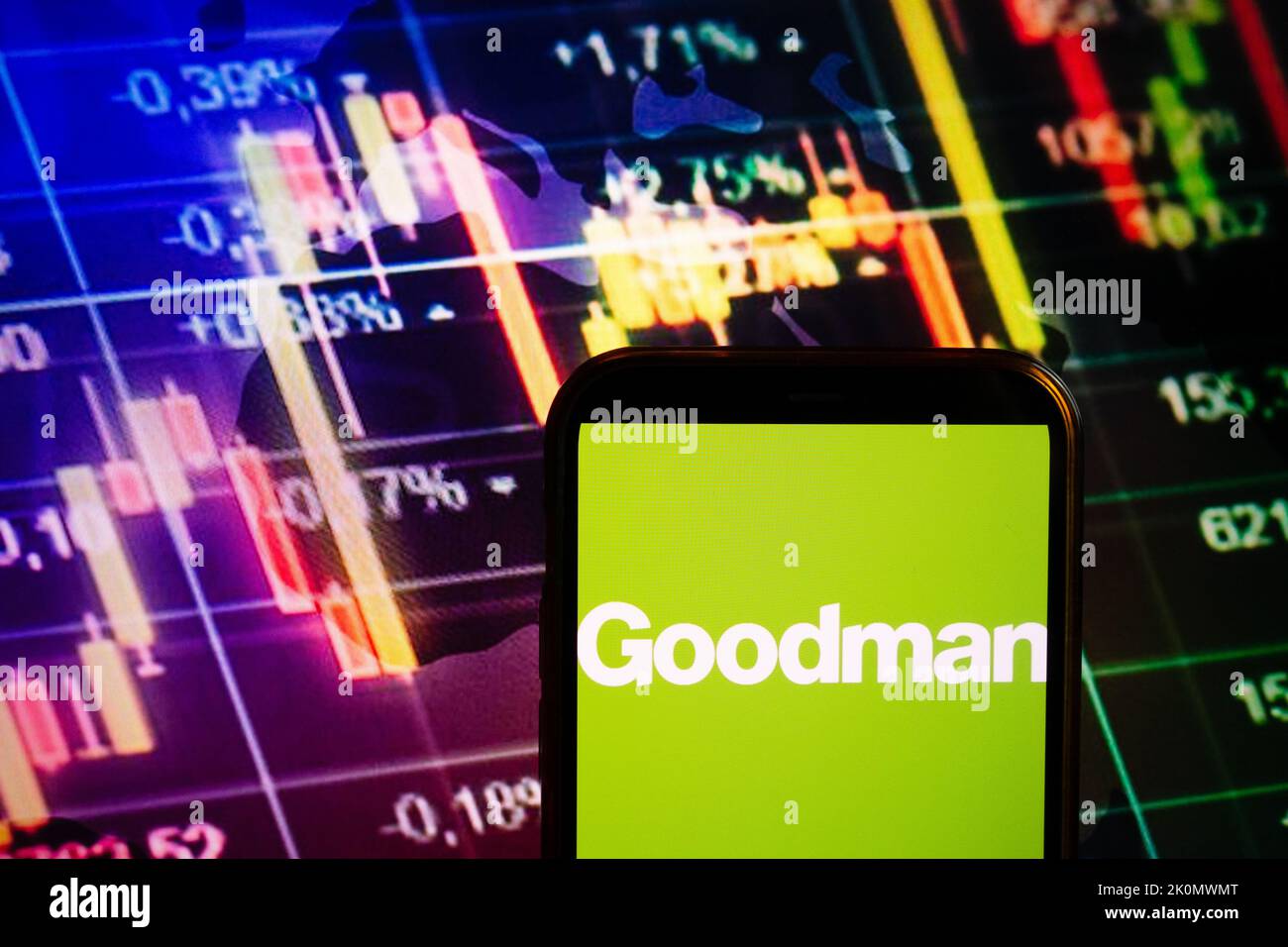 KONSKIE, POLAND - September 10, 2022: Smartphone displaying logo of Goodman Group company on stock exchange diagram background Stock Photo