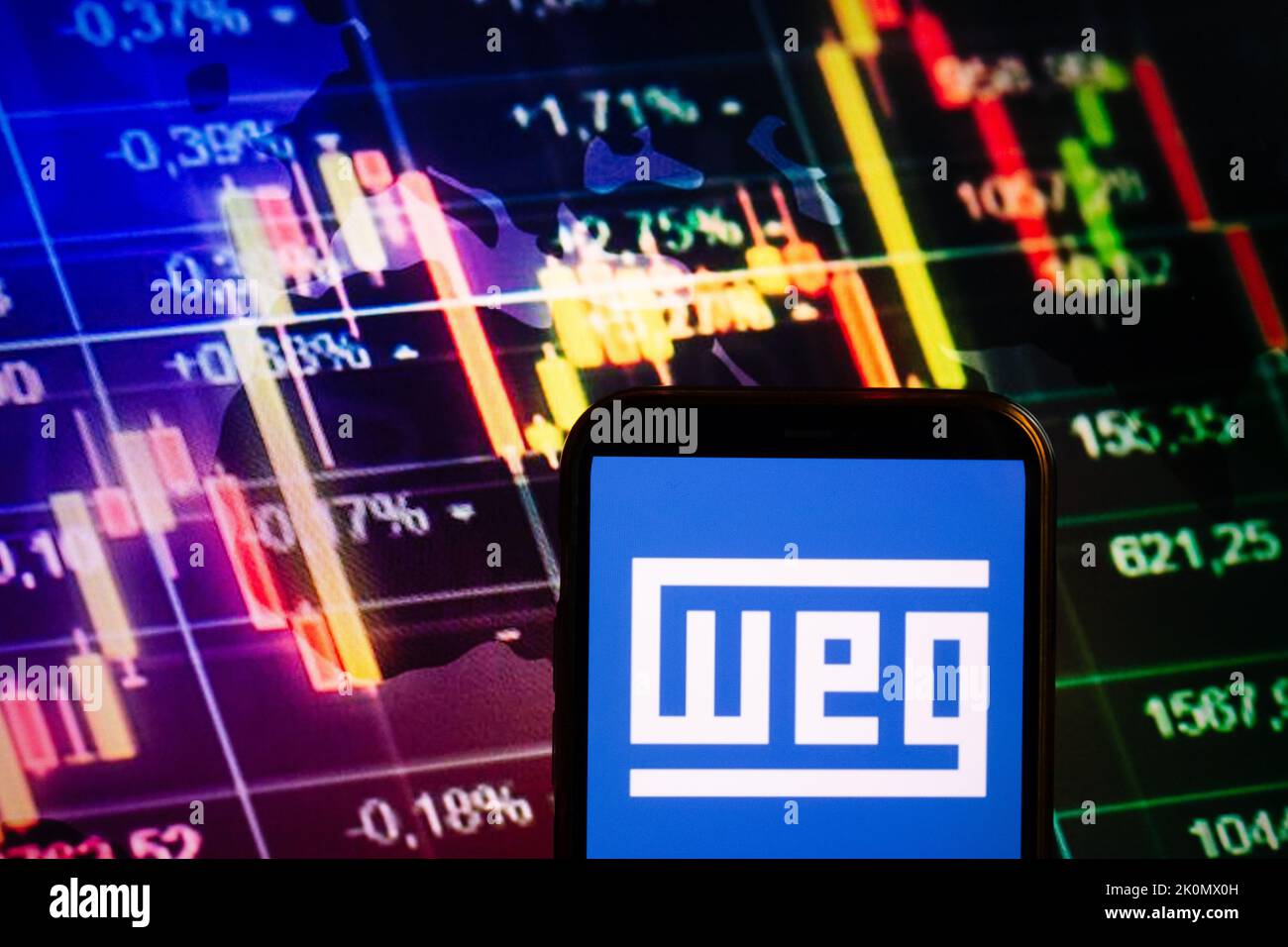 KONSKIE, POLAND - September 10, 2022: Smartphone displaying logo of WEG ON company on stock exchange diagram background Stock Photo