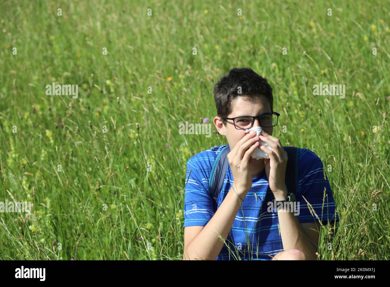 young boy with glasses blowing his nose because of allergy in the meadow in spring Stock Photo