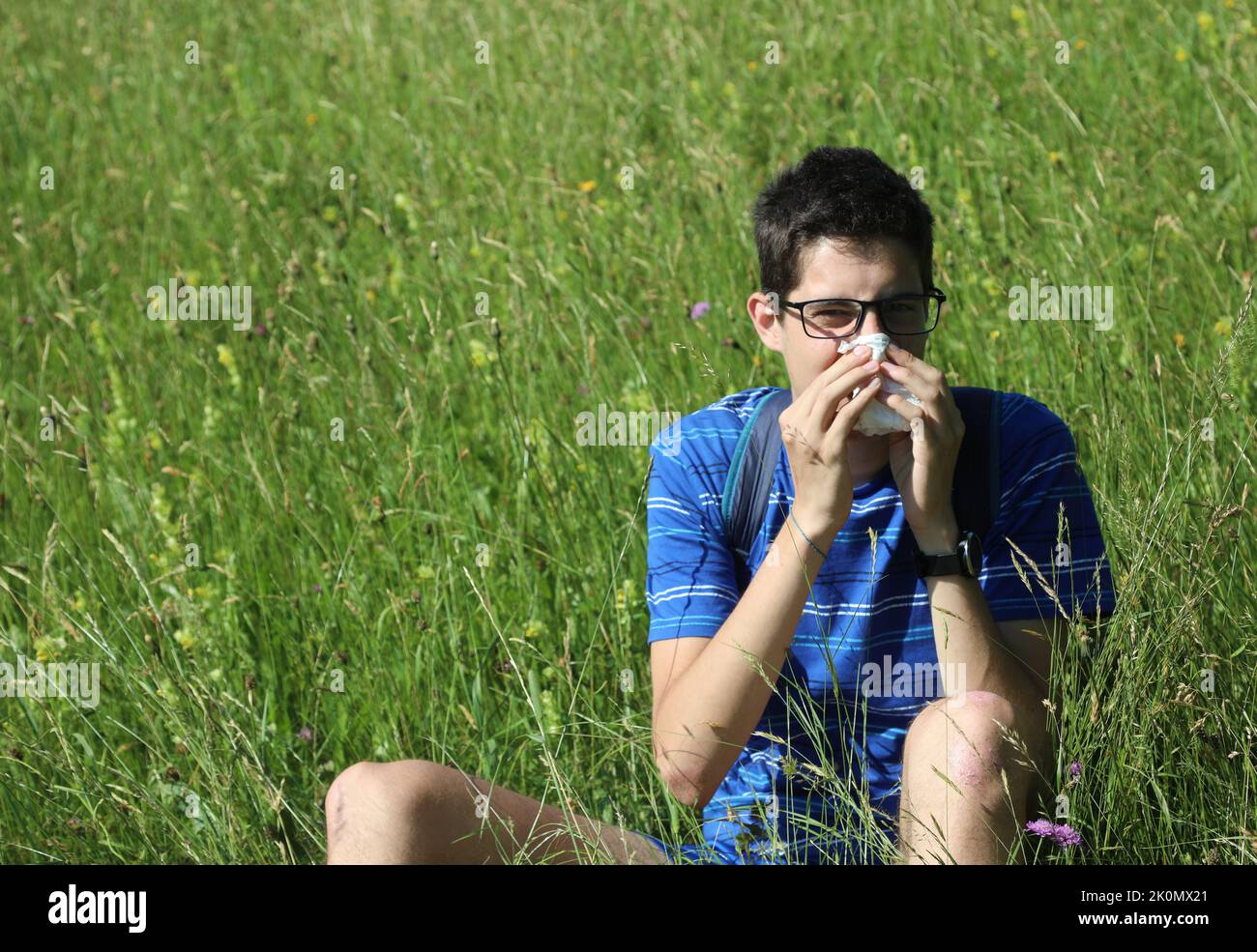 young boy with glasses blowing his nose because of allergy in the meadow in spring Stock Photo