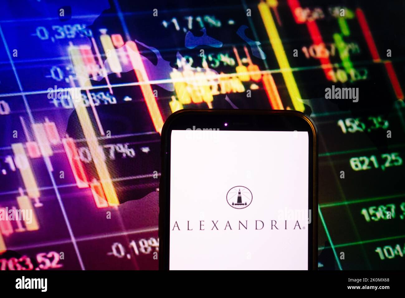 KONSKIE, POLAND - September 10, 2022: Smartphone displaying logo of Alexandria Real Estate Equities company on stock exchange diagram background Stock Photo