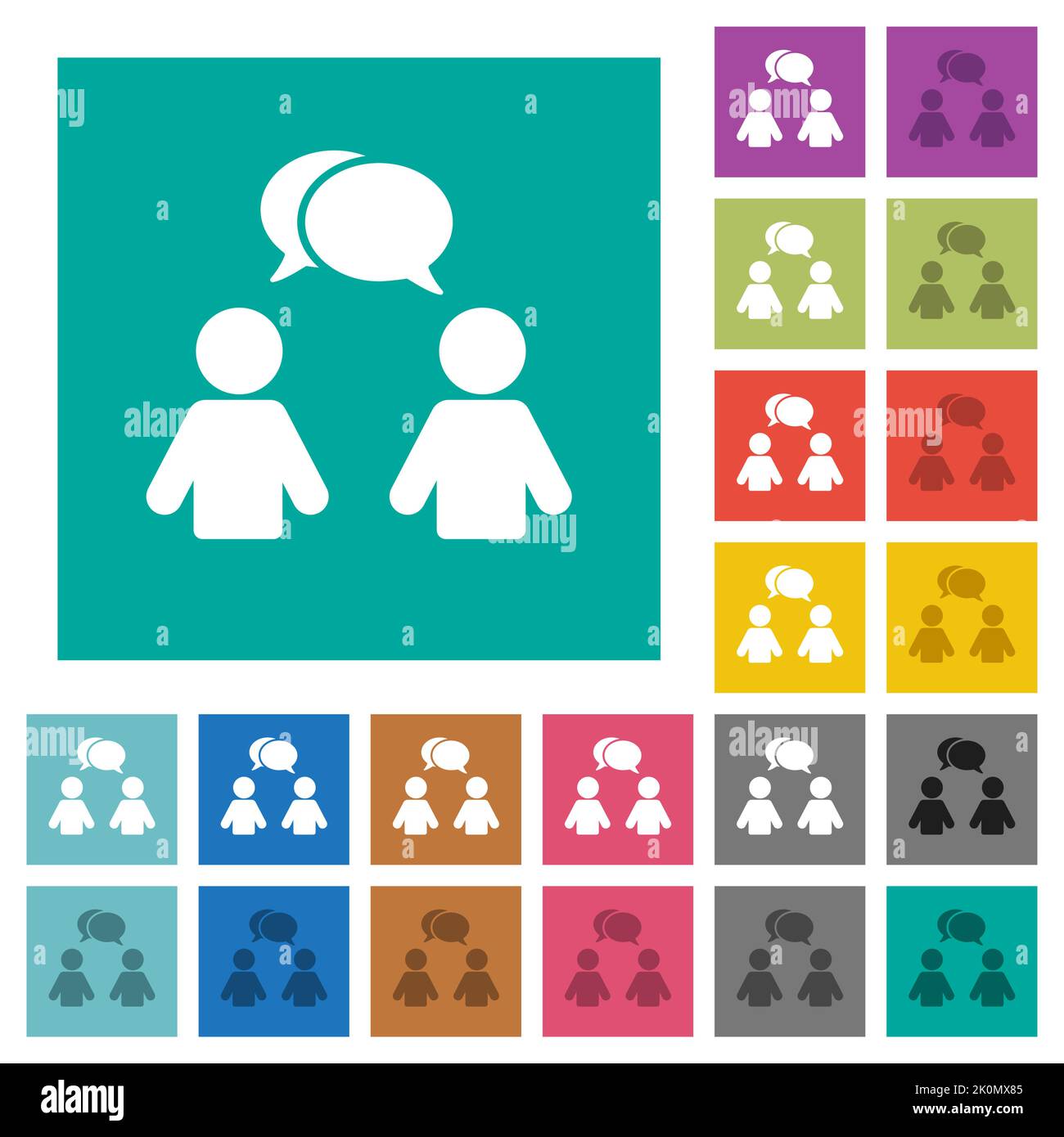 Two talking persons with oval bubbles solid multi colored flat icons on plain square backgrounds. Included white and darker icon variations for hover Stock Vector
