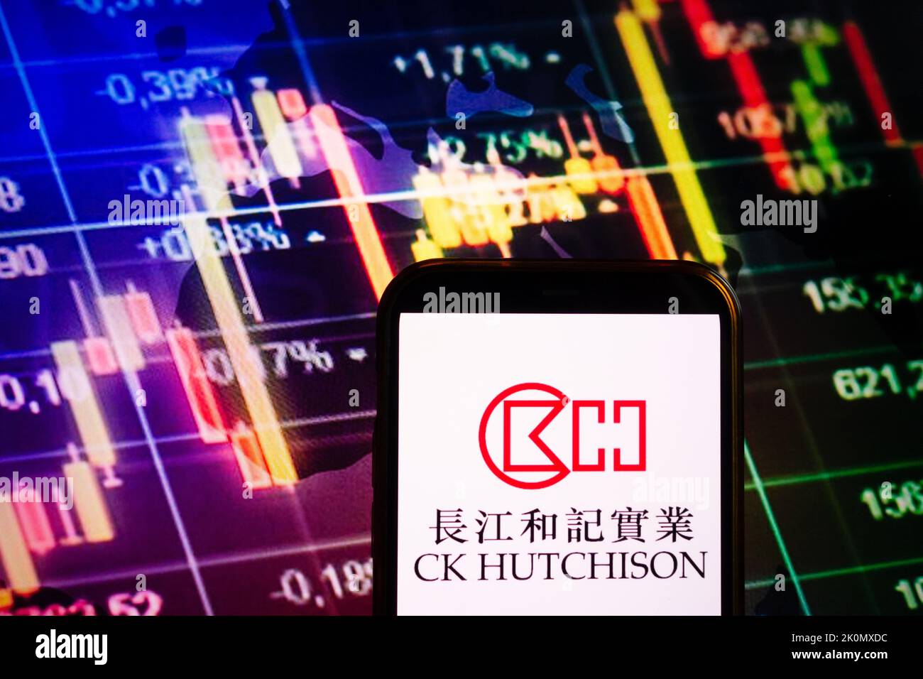KONSKIE, POLAND - September 10, 2022: Smartphone displaying logo of CK Hutchison Holdings company on stock exchange diagram background Stock Photo