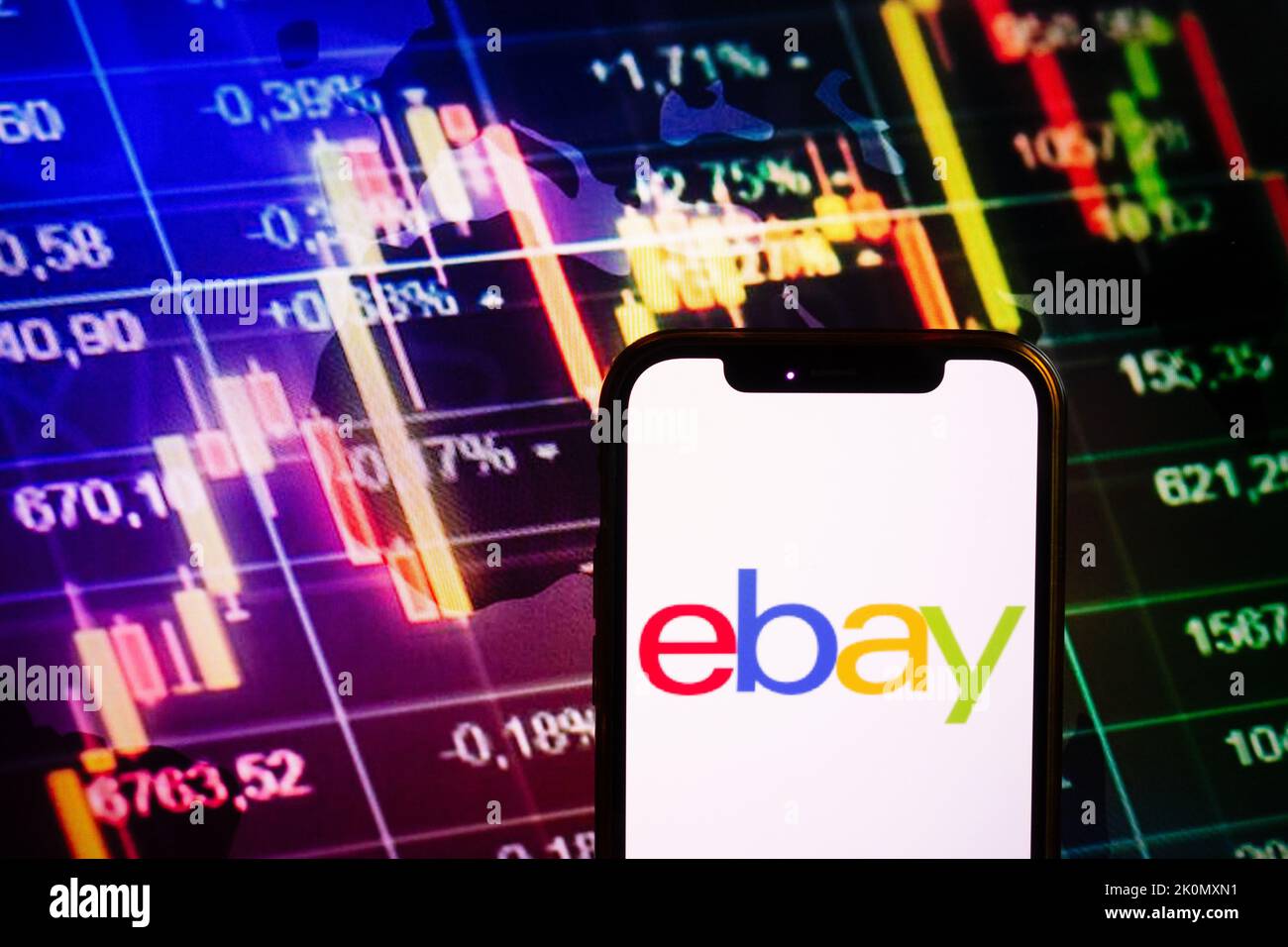 KONSKIE, POLAND - September 10, 2022: Smartphone displaying logo of eBay company on stock exchange diagram background Stock Photo