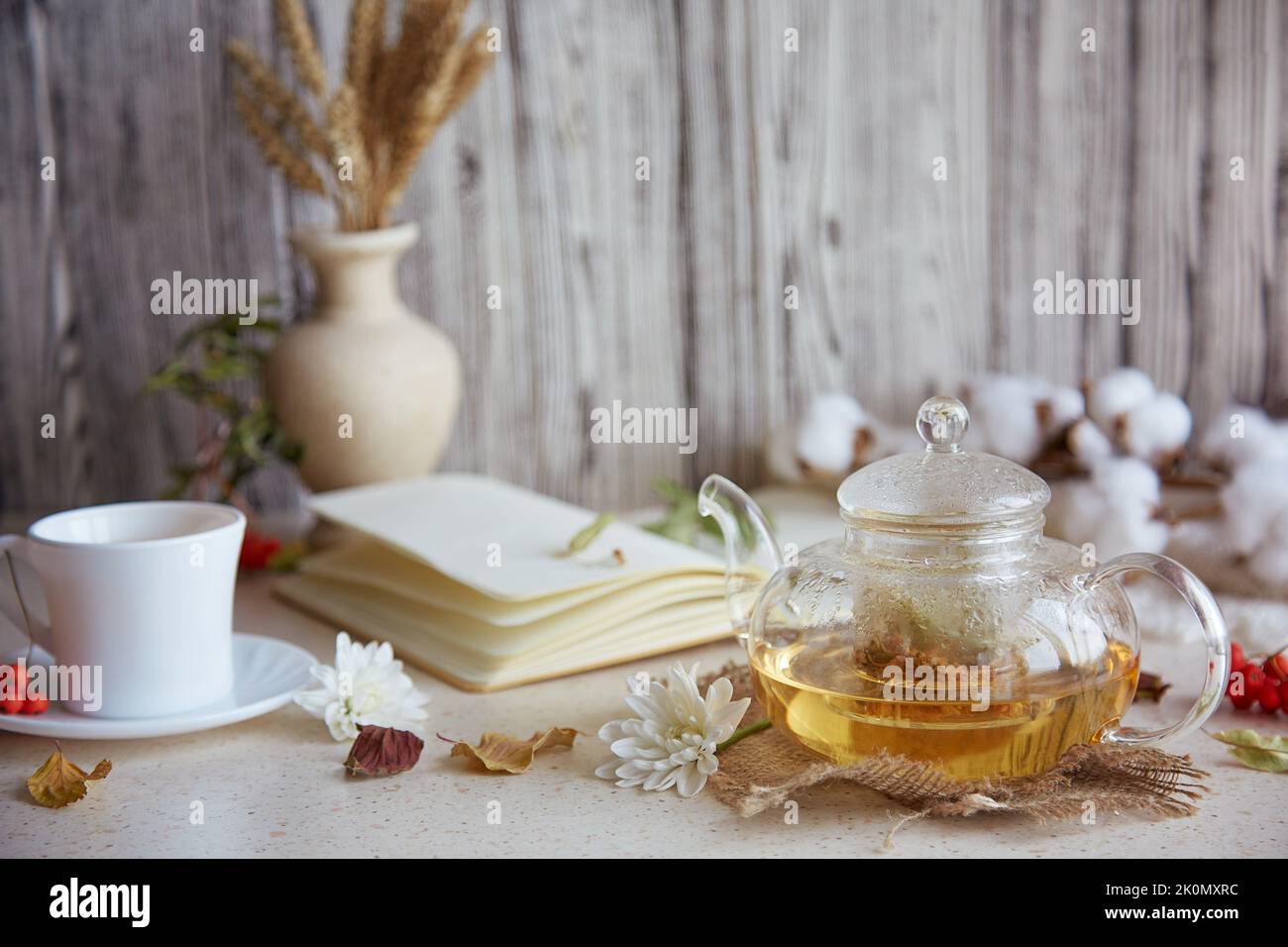 Aesthetic herbal linden tea in teapot with cup of tea. Wheat, leaves
