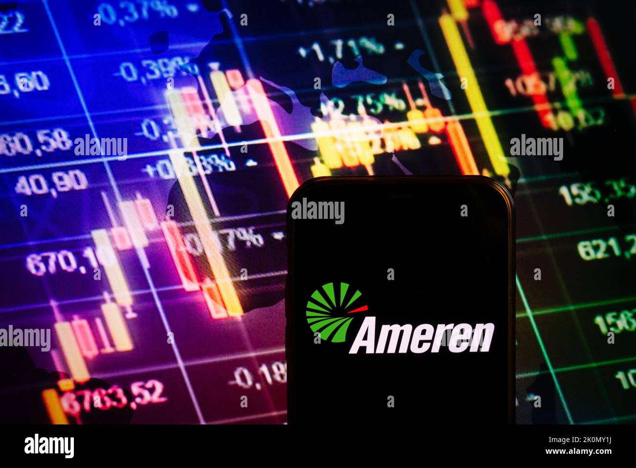 KONSKIE, POLAND - September 10, 2022: Smartphone displaying logo of Ameren company on stock exchange diagram background Stock Photo