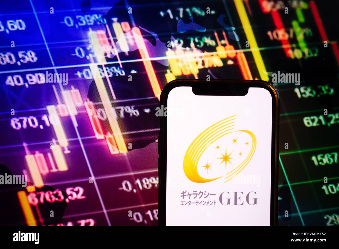 KONSKIE, POLAND - September 10, 2022: Smartphone displaying logo of Galaxy Entertainment company on stock exchange diagram background Stock Photo