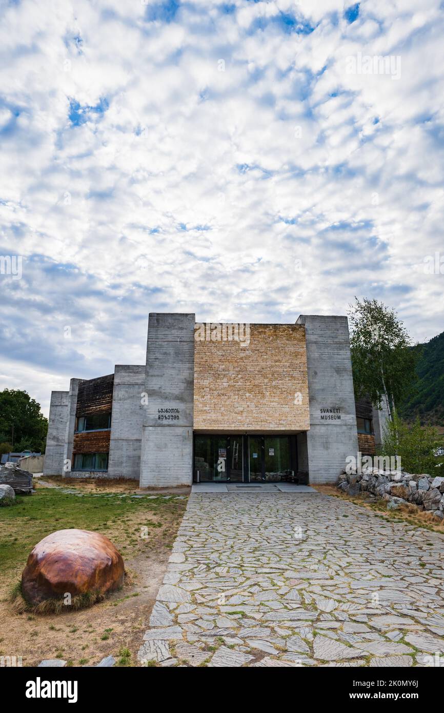 Mestia, Georgia - September 2022: Svaneti museum in Mestia town, Georgia.  Svaneti Museum of History and Ethnography, a modern architecture landmark Stock Photo