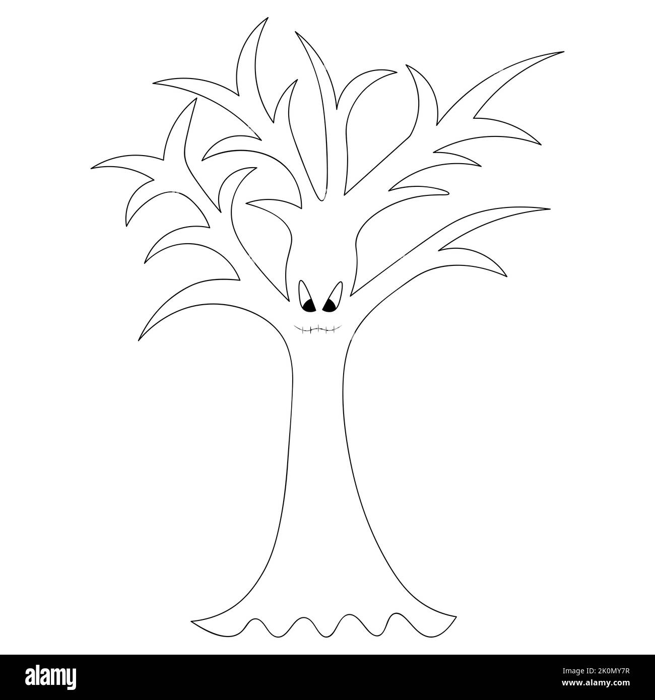 Ominous tree. Sketch. An eerie grimace. The mouth is sewn up. Vector illustration. Outline on an isolated white background. Curved branches. Halloween Stock Vector