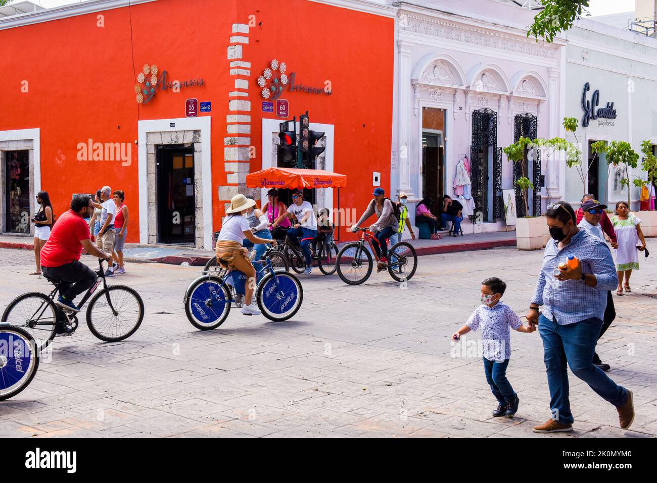 Biciruta is a Sunday traditional community bike ride event where the city closes some streets in the historical center to allow people to ride bicycles and enjoy outdoor activities, Merida, Yucatan, Mexico Stock Photo