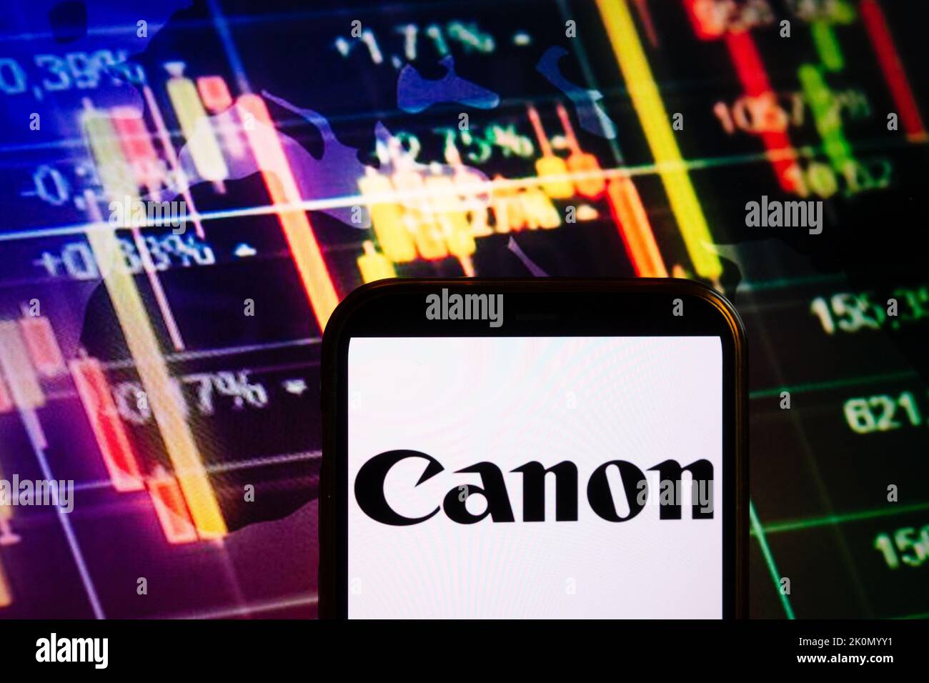 KONSKIE, POLAND - September 10, 2022: Smartphone displaying logo of Canon company on stock exchange diagram background Stock Photo
