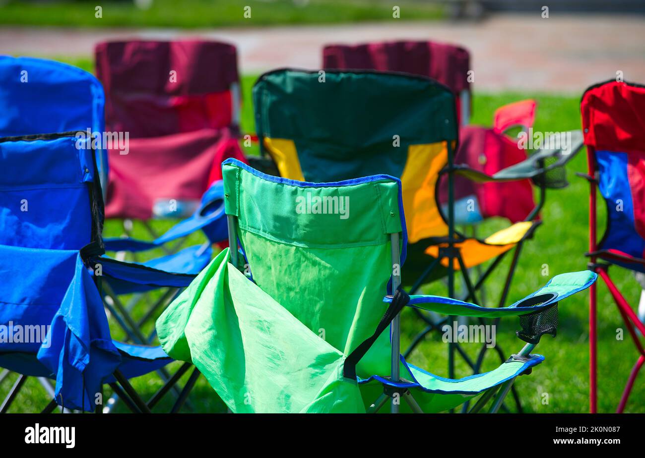 Folding chairs at the Eastham Windmill Weekend fair on Cape Cod, Massachusetts, USA Stock Photo