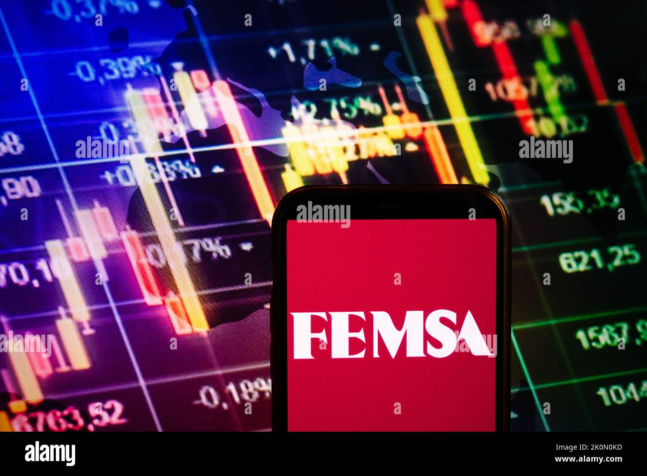 KONSKIE, POLAND - September 10, 2022: Smartphone displaying logo of Fomento Economico Mexicano (FEMSA) company on stock exchange diagram background Stock Photo