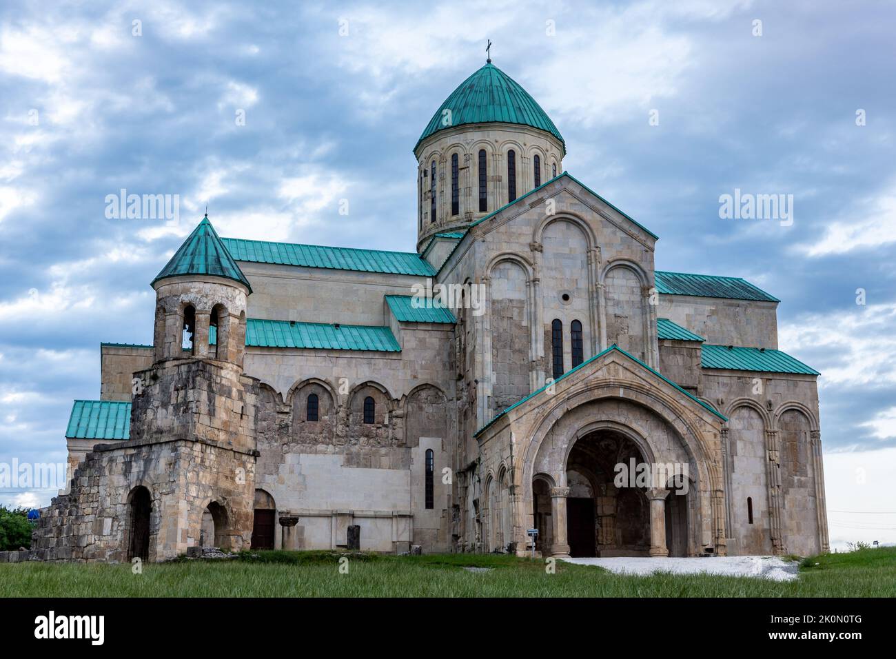 Bagrati Cathedral (Kutaisi Cathedral), XI-century monastery, example of Georgian architecture with stone walls and turquoise roof and domes, Kutaisi, Stock Photo