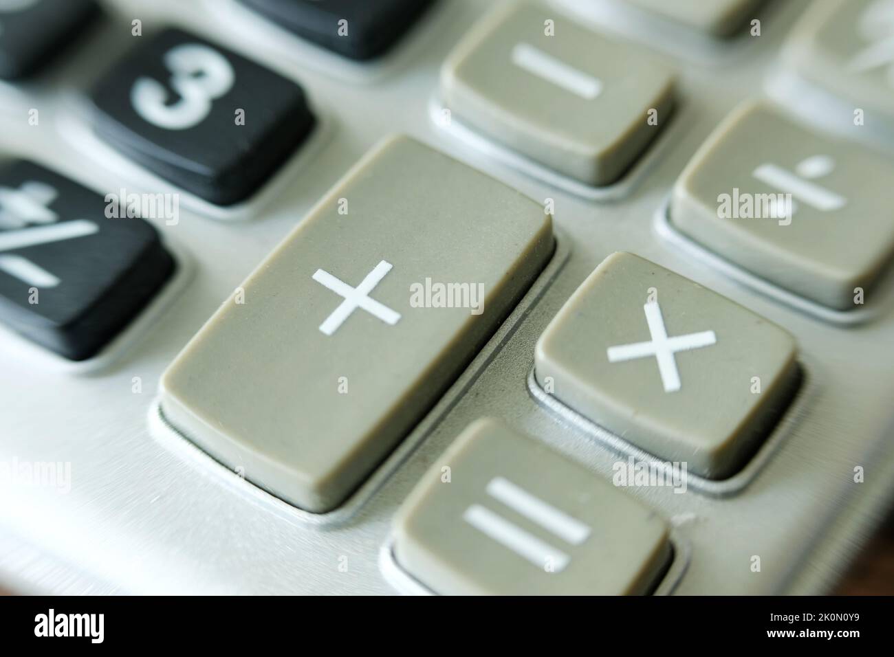 plus, minus, mutiply equal buttons on calculator pad Stock Photo