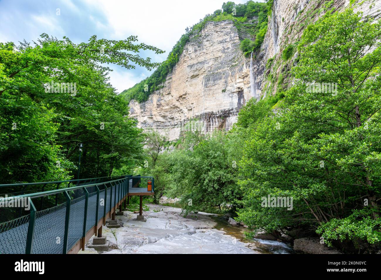 Okatse (Kinchkha) Waterfall viewing platform and boardwalks over the Satsikvilo Gorge, Kutaisi, Georgia. Stock Photo