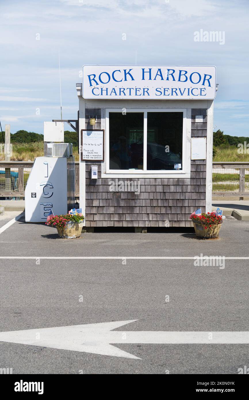 A ticket booth for charter boat trips at Rock Harbor, Orleans, Massachusetts, Cape Cod Stock Photo