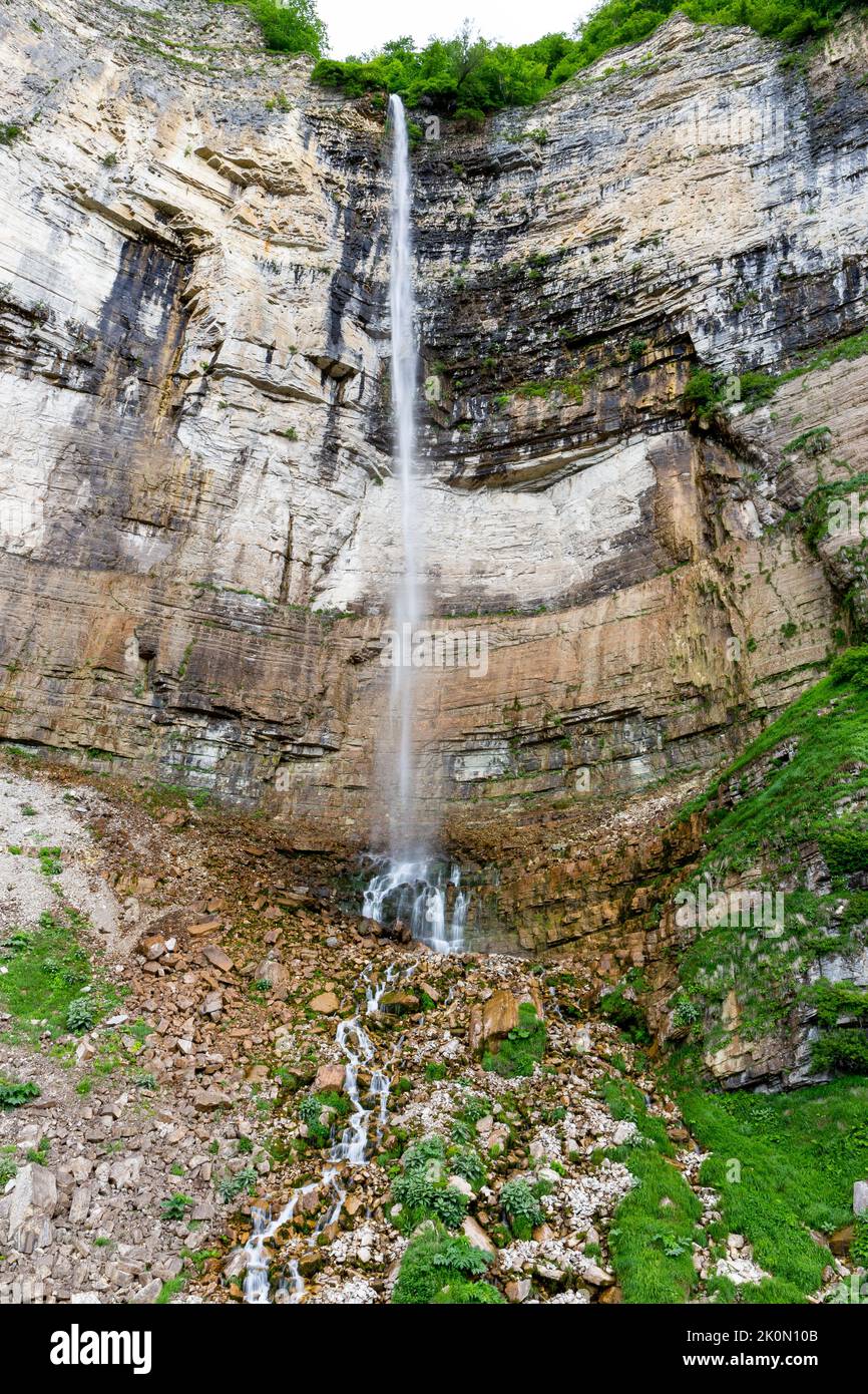 Okatse (Kinchkha) Waterfall, three-step waterfall cascade in the river gorge of Satsikvilo, Kutaisi, Gerogia. Stock Photo