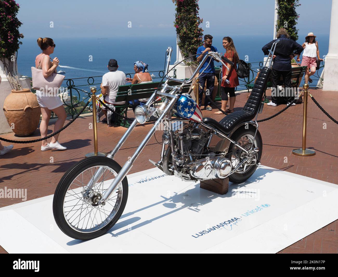 Famous custom Harley Davidson motorcycle chopper from the movie Easy Rider on display in Capri island, Campania, Italy Stock Photo