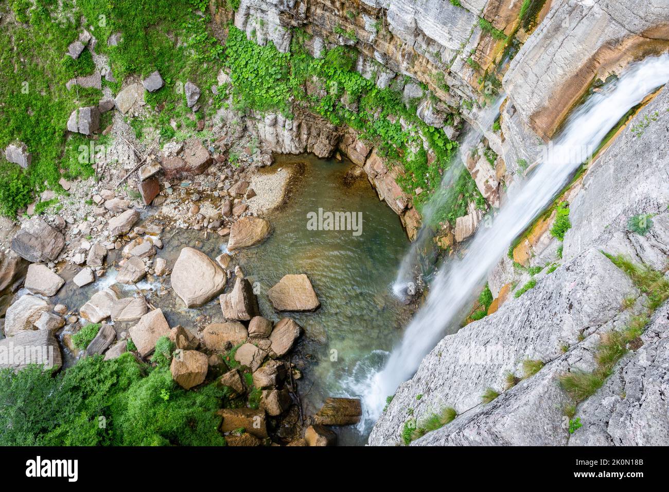 Okatse (Kinchkha) Waterfall, three-step waterfall cascade in the river gorge of Satsikvilo, Kutaisi, Gerogia. Stock Photo
