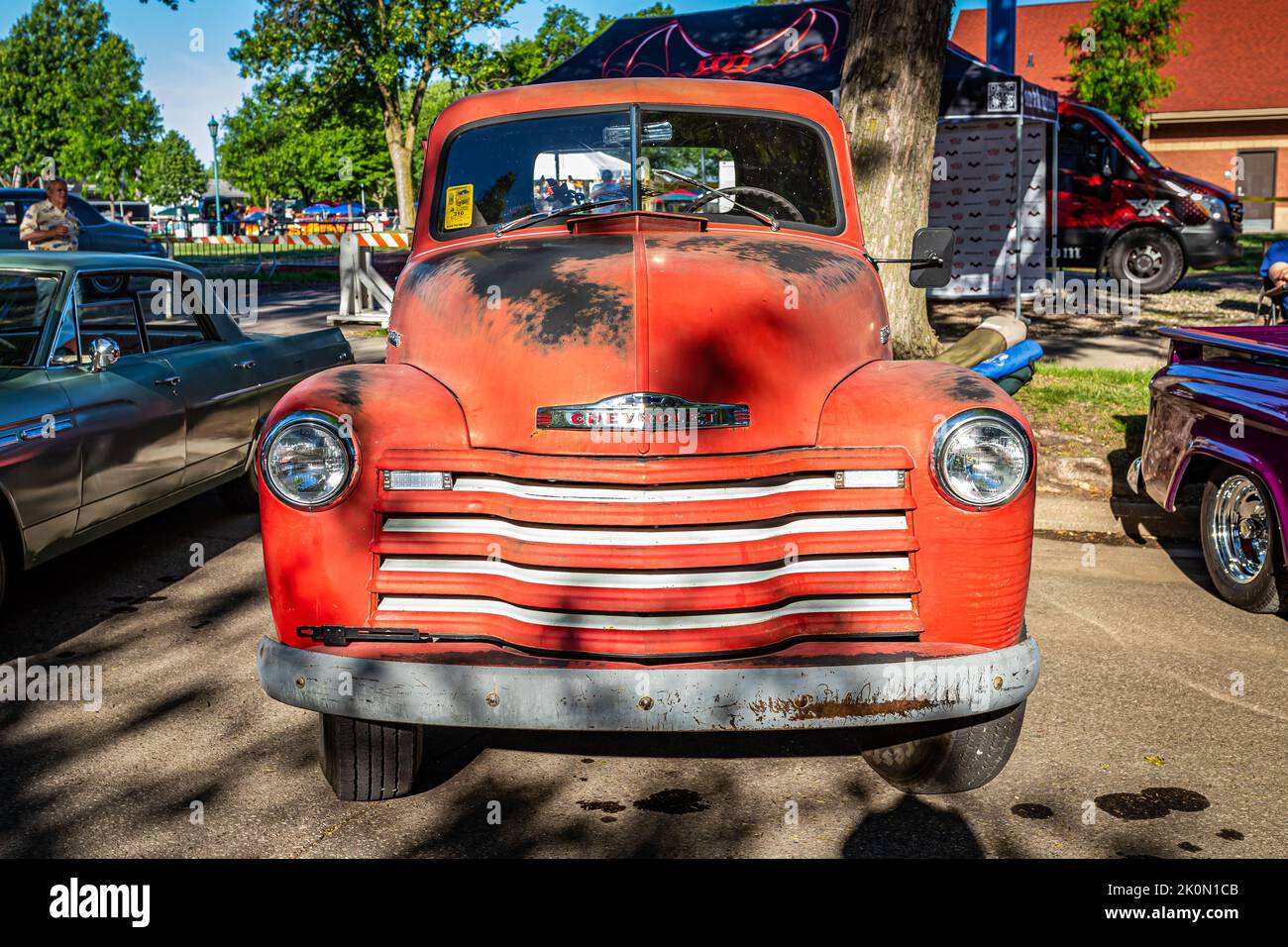 Falcon Heights, MN - June 18, 2022: High perspective front view of a 1952 Chevrolet 3100 Pickup Truck at a local car show. Stock Photo