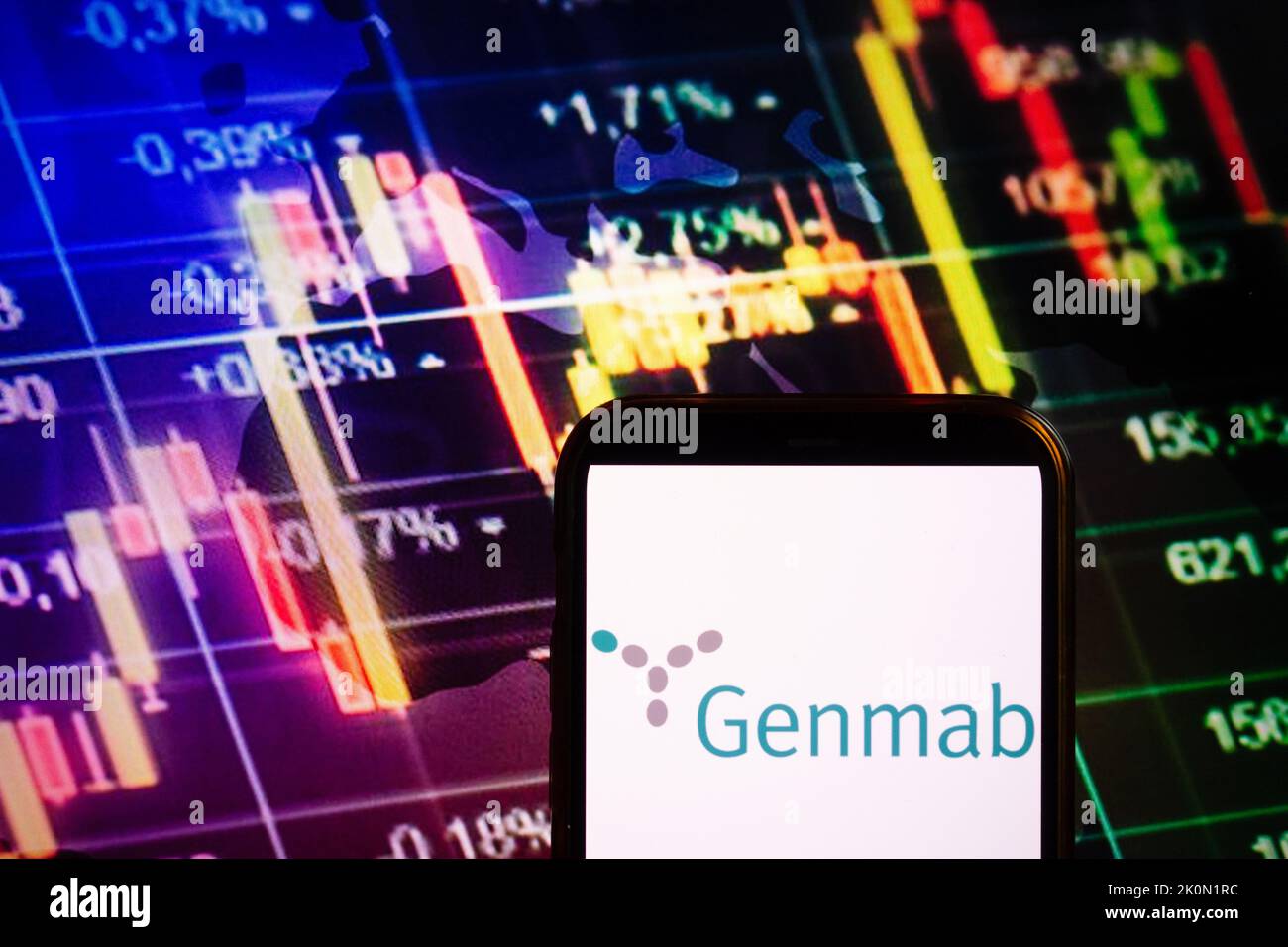 KONSKIE, POLAND - September 10, 2022: Smartphone displaying logo of Genmab company on stock exchange diagram background Stock Photo