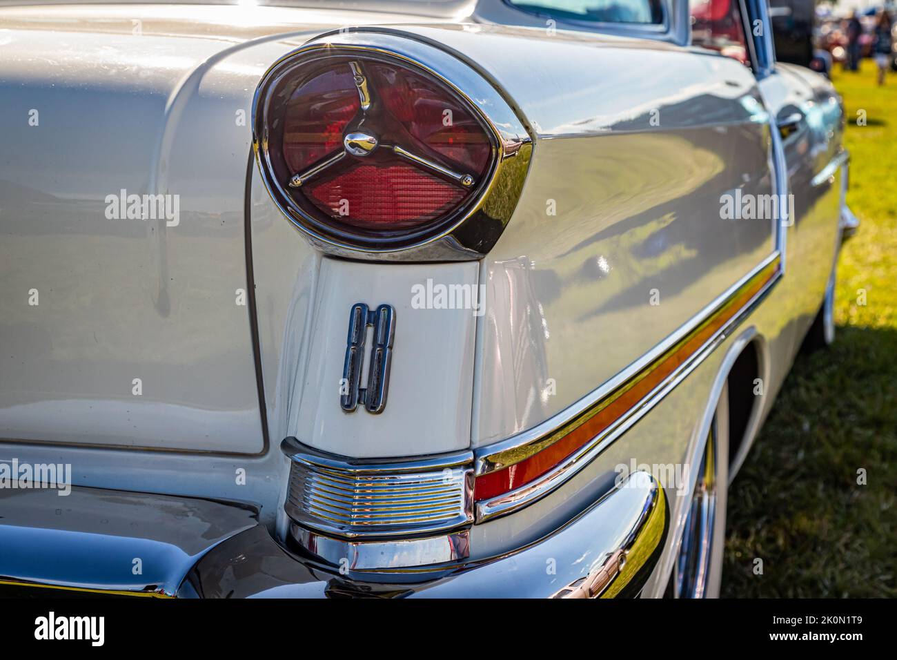 Daytona Beach, FL - November 24, 2018: Rear corner close up detail view of unique trim on a 1957 Oldsmobile Golden Rocket 88 Holiday Hardtop Coupe at Stock Photo