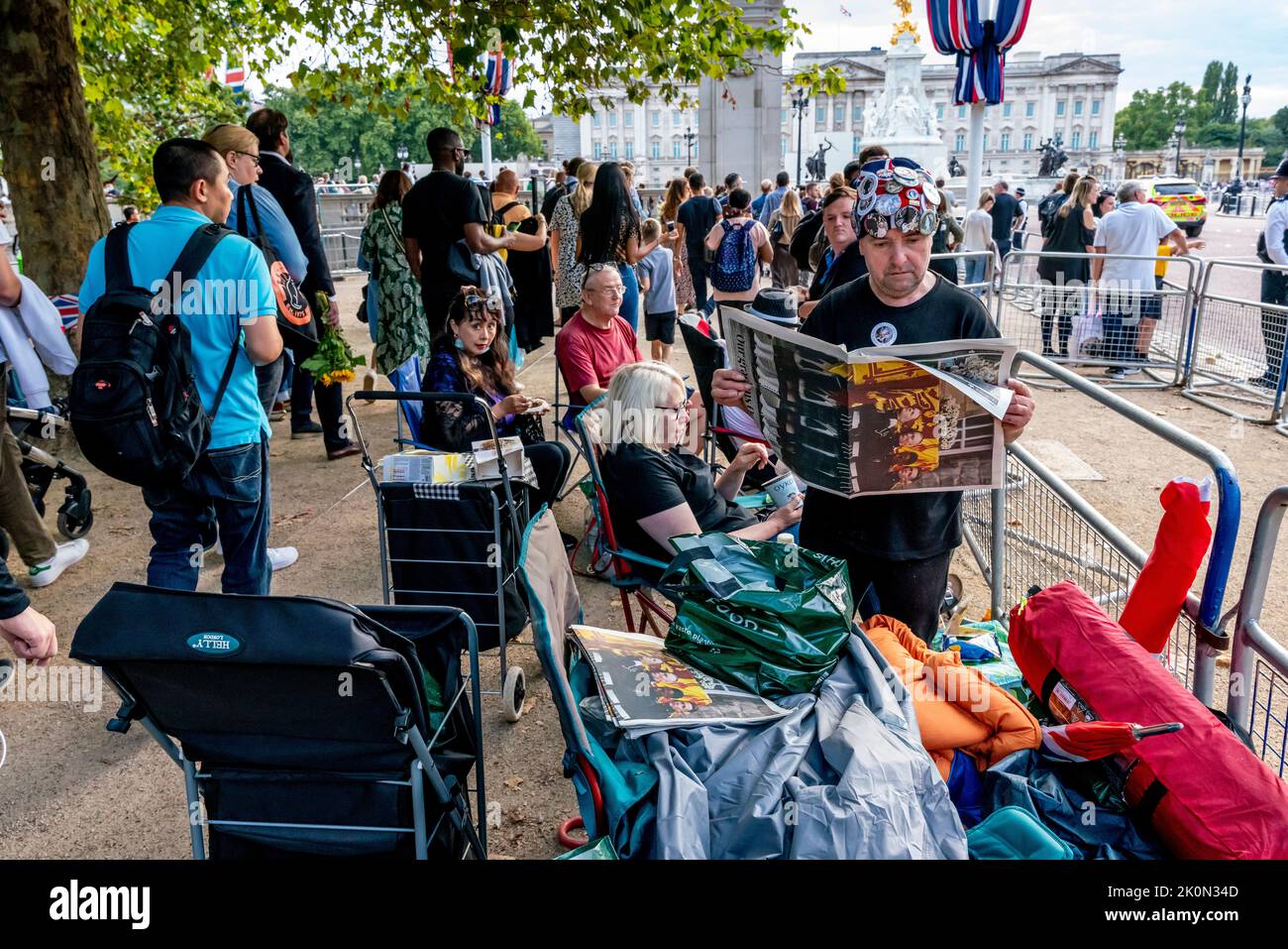 London, UK. 12th Sep, 2022. Royal Family superfan John Loughrey and friends arrive on The Mall to camp out and stake a place seven days and nights before the funeral of Queen Elizabeth II, London, Uk. Credit: Grant Rooney/Alamy Live News Stock Photo