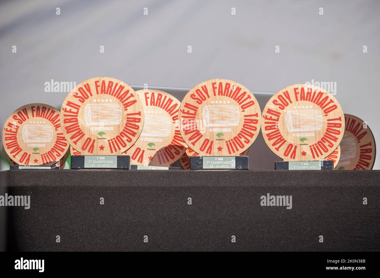 Merida, Spain - Sept 11th, 2022: FarinatoRace Merida 2022. Toughest obstacle course in the world. Awards table Stock Photo