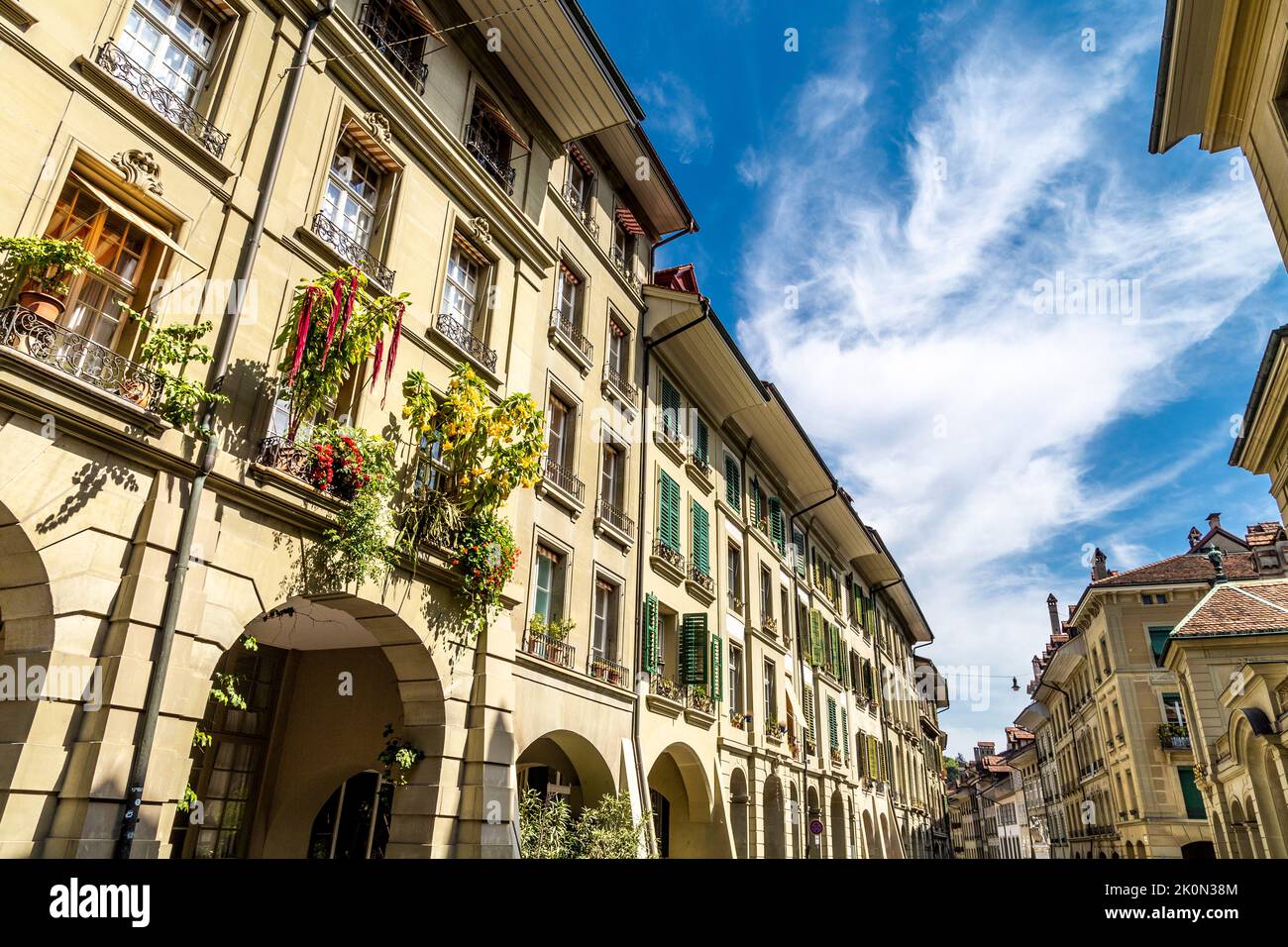 Late baroque and classical style houses made of Bernese sandstone along Junkerngasse, Bern, Switzerland Stock Photo