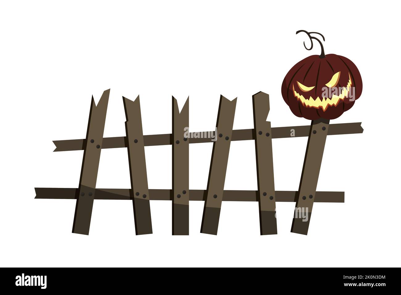 Fence old broken scary with spooky smiling Halloween pumpkin, design element, isolated, white background. Vector illustration Stock Vector