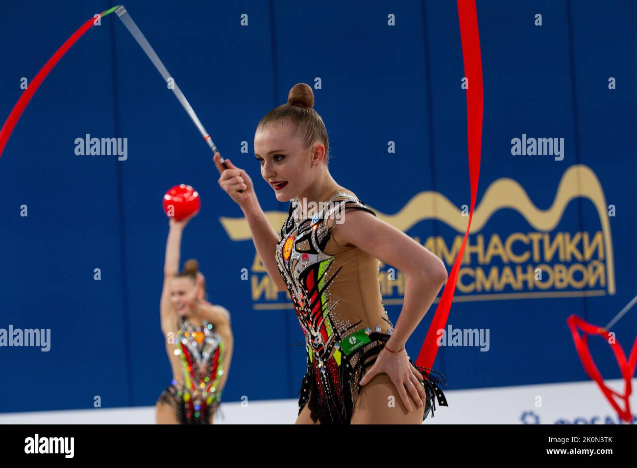 Moscow, Russia. 12th of September, 2022. Russian athletes perform in a qualification at the 2022 All-Russian Summer Spartakiad in Rhythmic Gymnastics at Irina Viner-Usmanova Gymnastics Palace in Luzhniki in Moscow, Russia. Nikolay Vinokurov/Alamy Live News Stock Photo